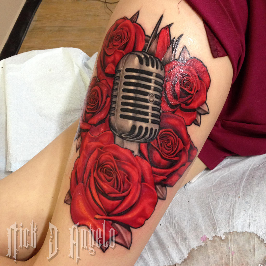 Microphone and Roses Tattoo by NickDAngeloTattoos on