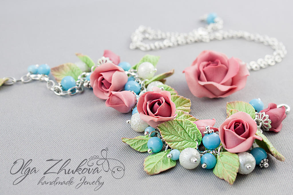 Set jewelry with roses made of polymer clay by polyflowers on DeviantArt