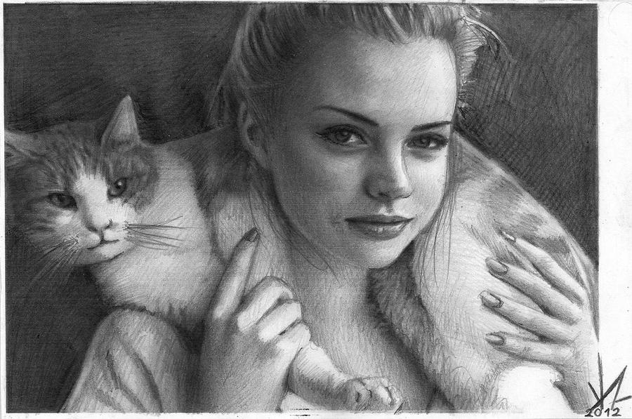 Portrait postecard ( young girl with cat ) by AVA-core
