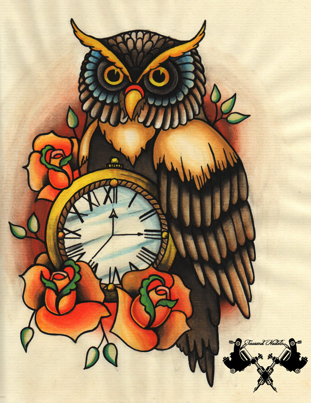 tattoo-flash owl and pocket watch by Tausend-Nadeln on 