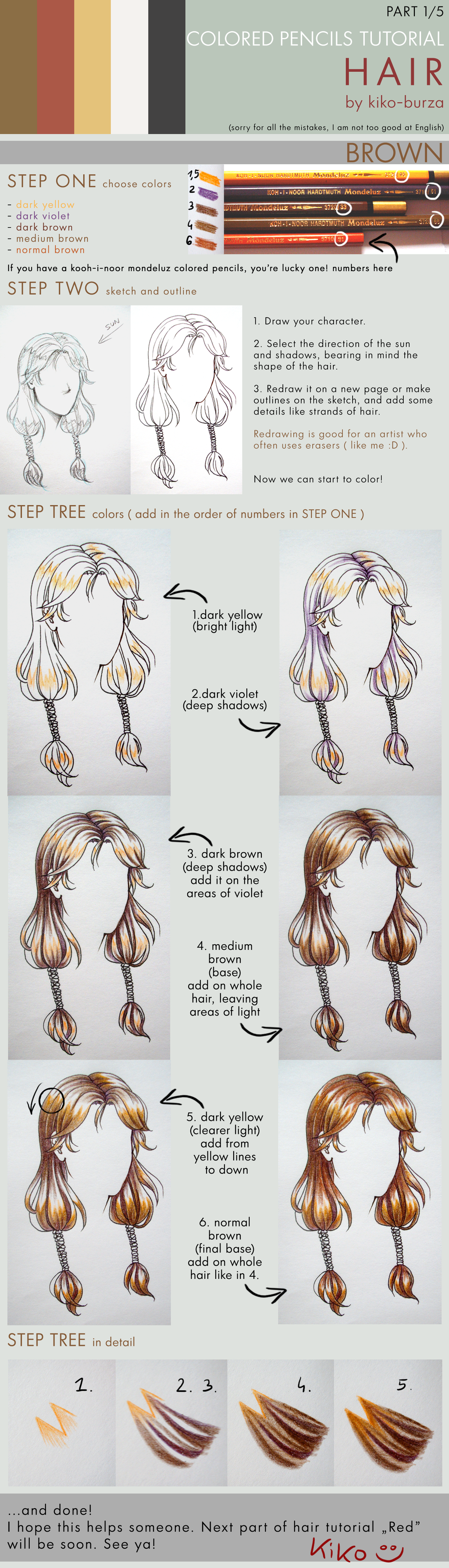 Colored pencils tutorial HAIR part 1 BROWN by kikoburza on DeviantArt