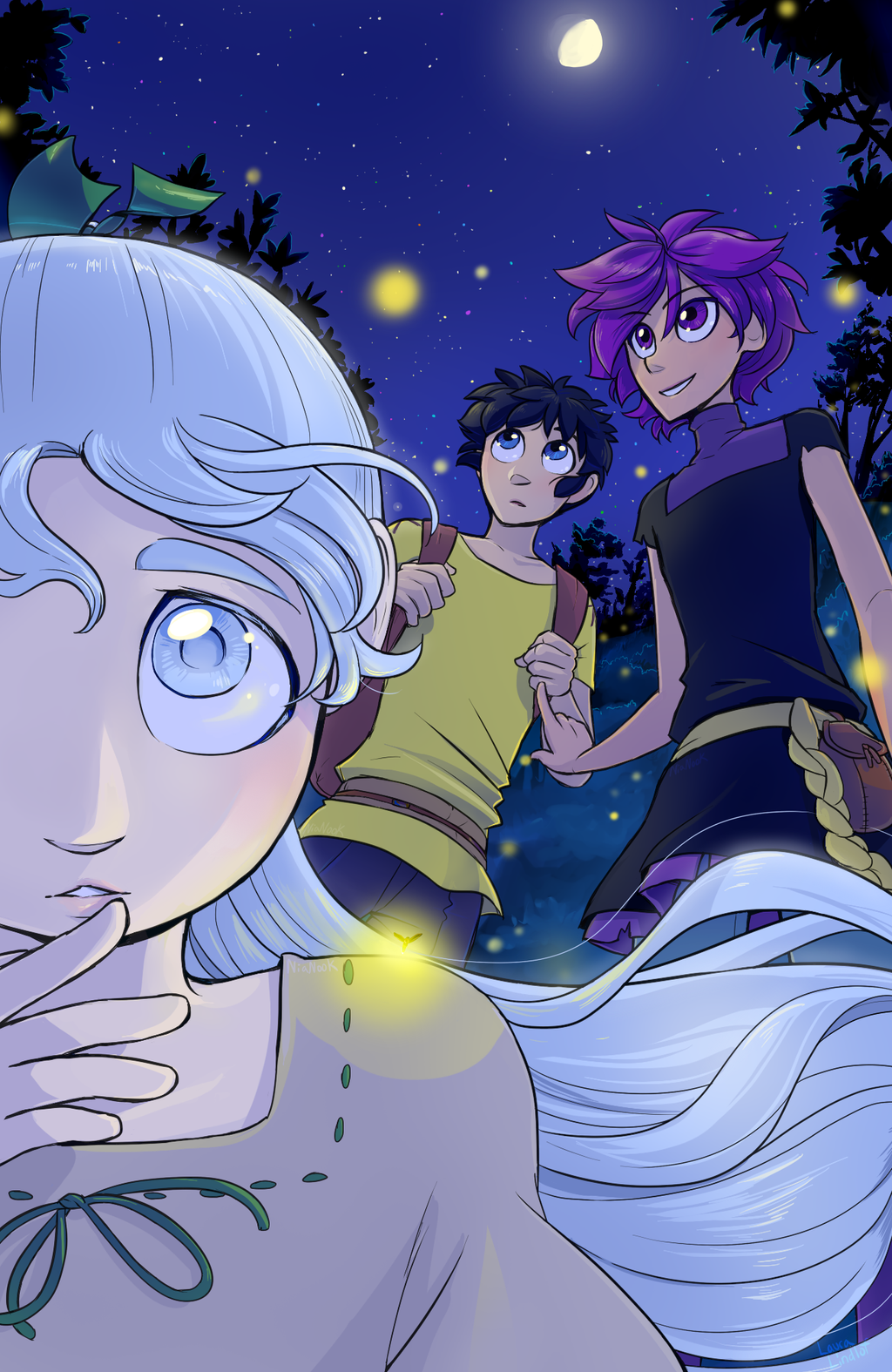 Sikue stares at the viewer with an unreadable expression. Behind her, Yokiro and Tatsuma gaze at the night sky, fireflies surrounding them in the forest.