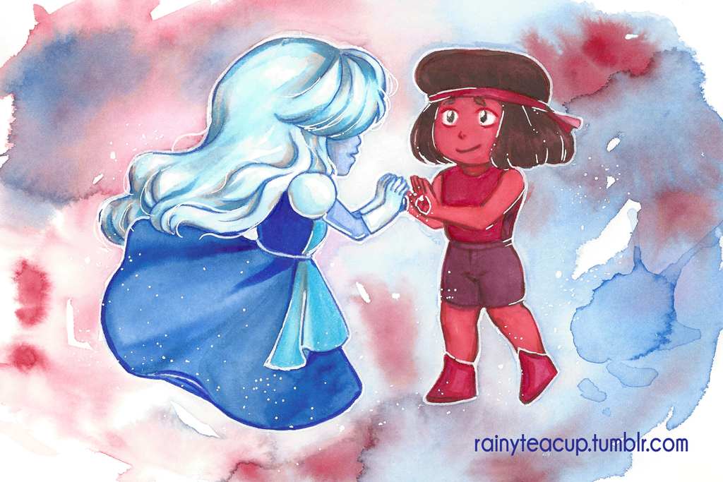 Ruby and Sapphire from Steven Universe. Watercolor and Copics Postcard print available in my store! Tumblr • Twitter • Instagram • Facebook • Store • Website