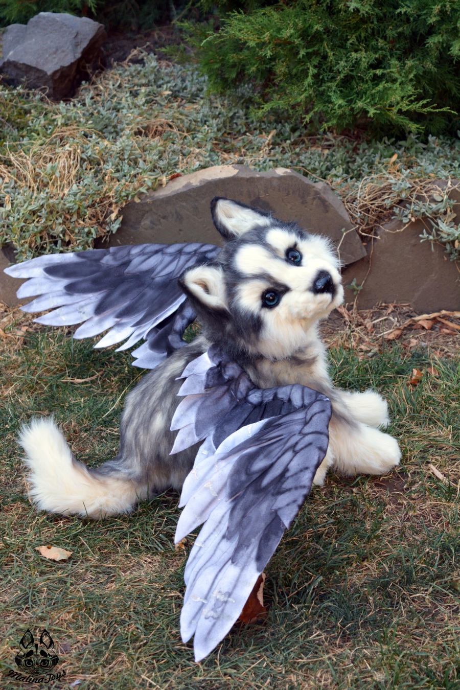Poseable toy commission Husky puppy with wings by