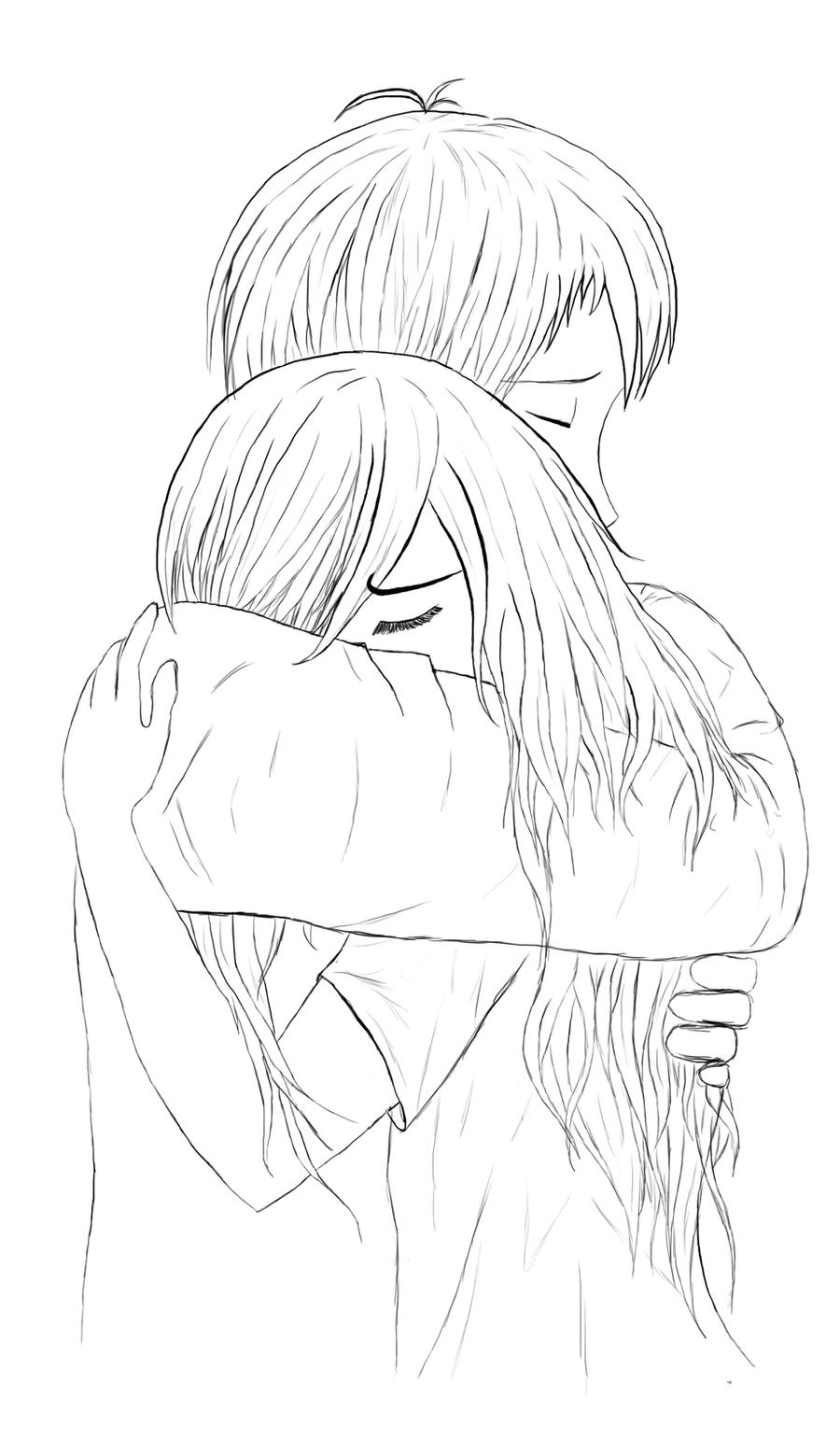 Anime Couple Hugging Line Art Coloring Pages