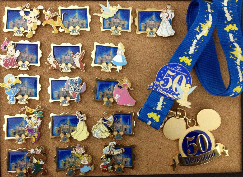 Disneyland 50th Anniversary Pins and lanyard by